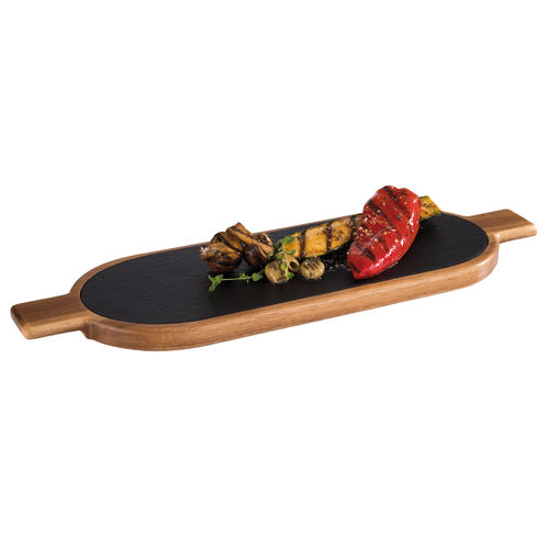 Acacia Wood Serving Board with Slate Tray Insert 40x15cm