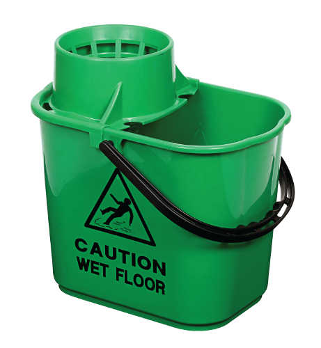 Mop Bucket 15lt Plastic Green w/safety sign
