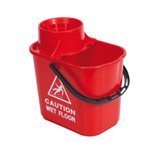 Mop Bucket 15lt Plastic Red w/safety sign